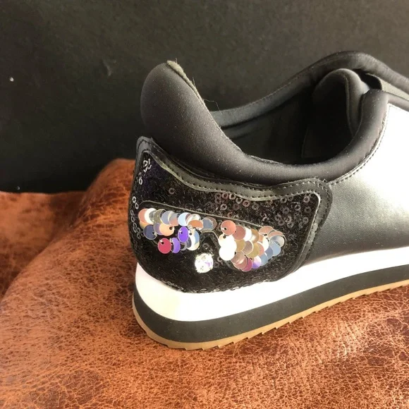 Embellished Karl Lagerfeld Black Slip-on Leather Sneakers Size 10M - Picture 3 of 10